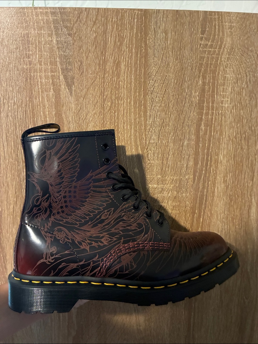 Dr. Martens Women’s Black Cherry Leather Lace-Up Boot with Phoenix Engraving - Picture 3 of 5